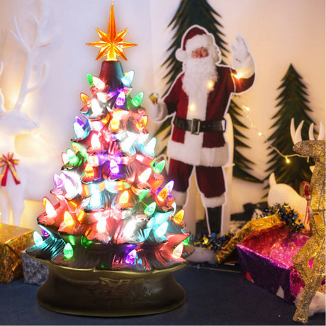 15 Inch Pre-Lit Hand-Painted Ceramic Christmas Tree-Silver