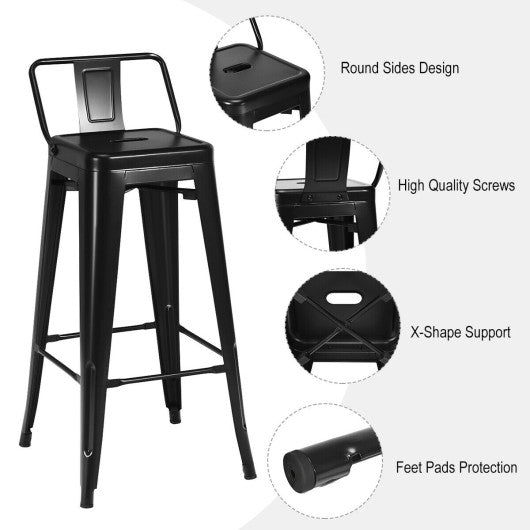 30 Inch Set of 4 Metal Counter Height Barstools with Low Back and Rubber Feet-Black