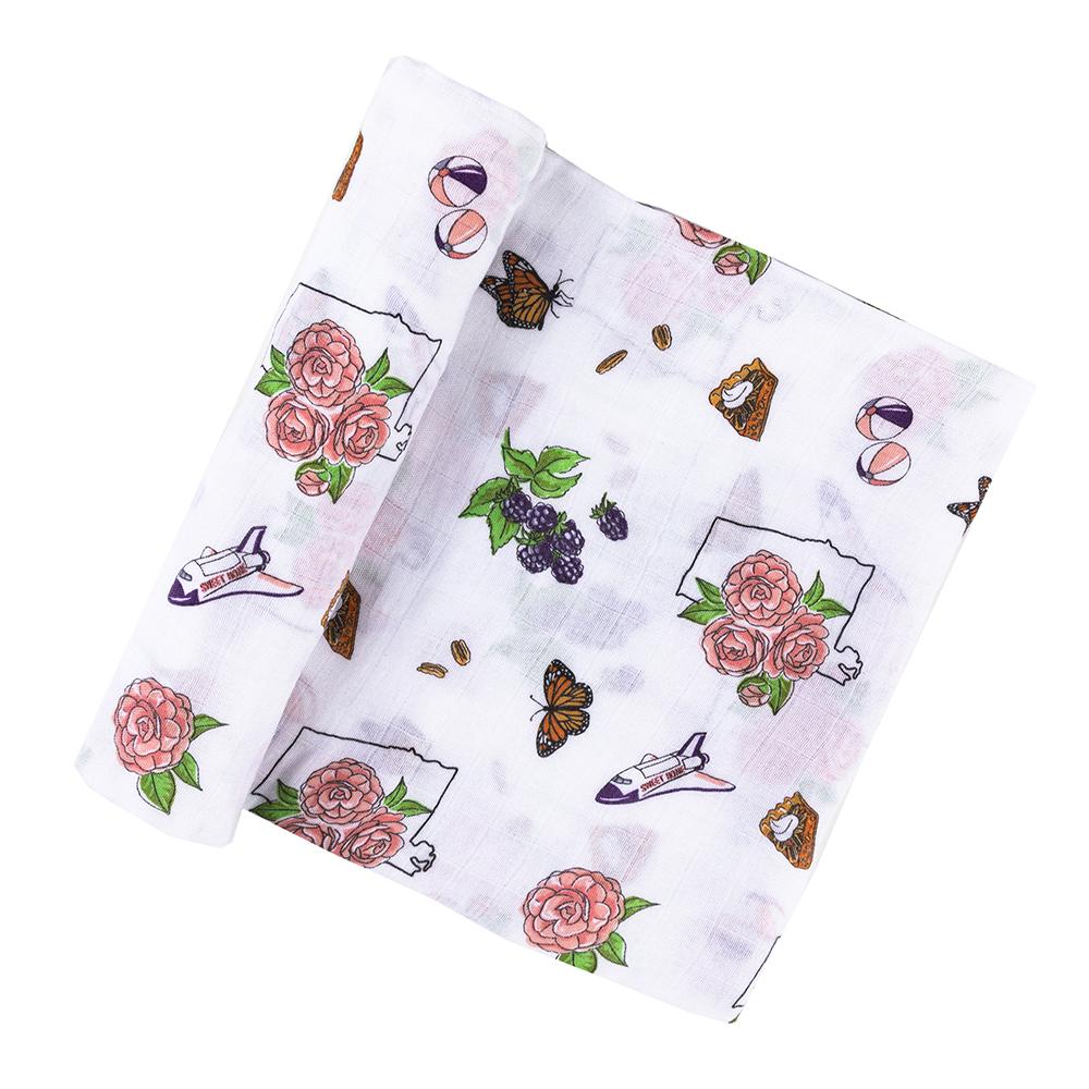 Gift Set: Alabama Baby (Floral) Muslin Swaddle Blanket and Burp Cloth/Bib Combo by Little Hometown