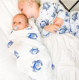 Gift Set: Blue Crab Baby Muslin Swaddle Blanket and Burp Cloth/Bib Combo by Little Hometown