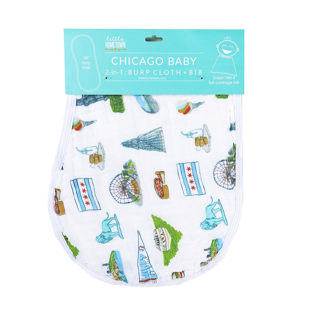 Gift Set: Chicago Baby Muslin Swaddle Blanket and Burp Cloth/Bib Combo by Little Hometown