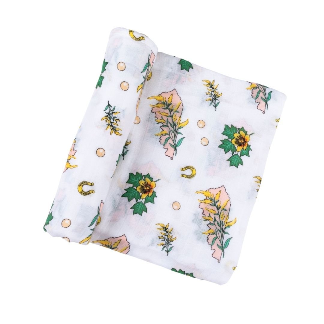 Gift Set: Kentucky Baby Muslin Swaddle Blanket and Burp Cloth/Bib Combo (Floral) by Little Hometown