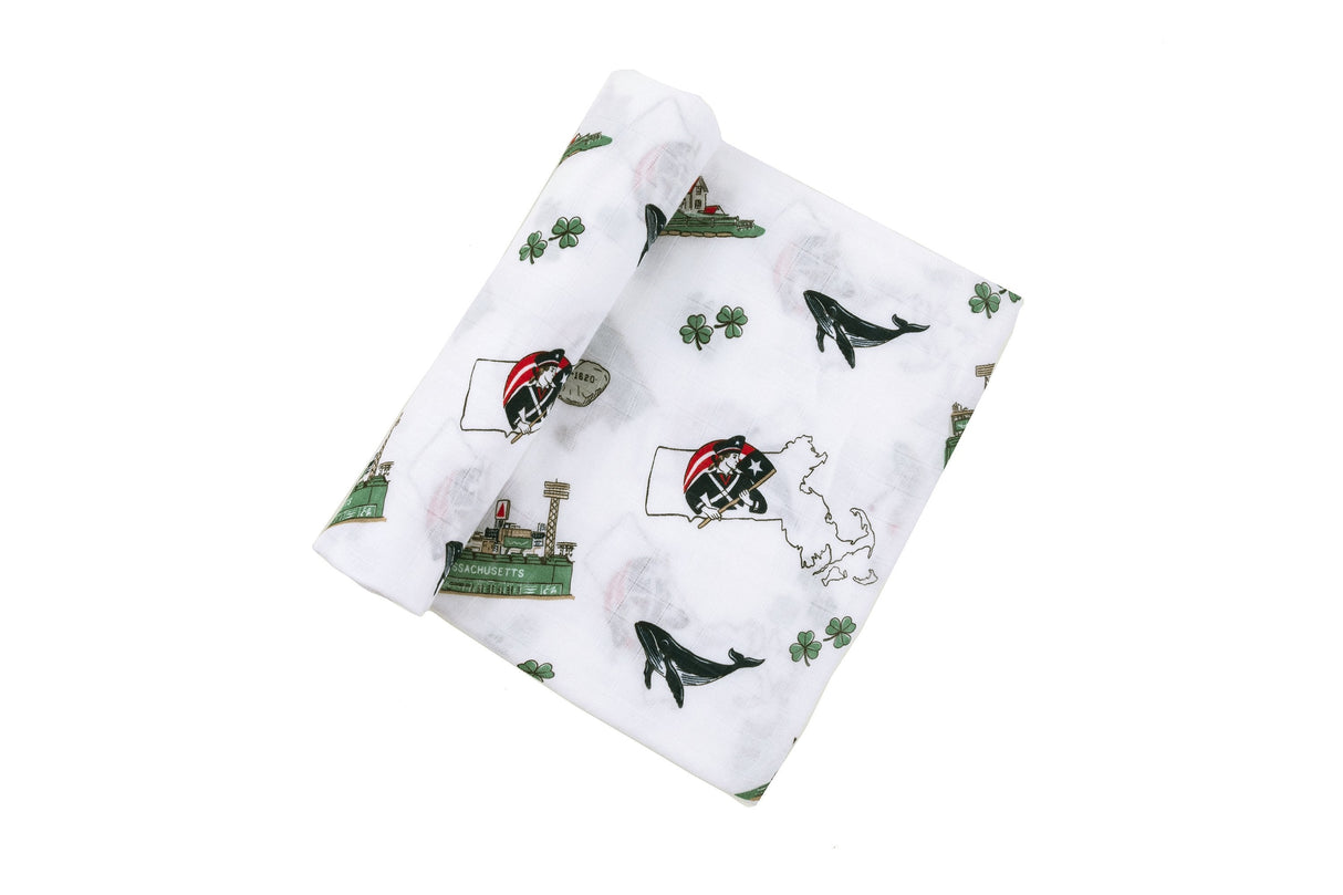 Gift Set: Massachusetts Baby Muslin Swaddle Blanket and Burp Cloth/Bib Combo by Little Hometown