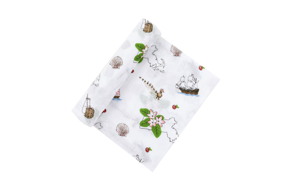 Gift Set: Massachusetts Girl Baby Muslin Swaddle Blanket and Burp Cloth/Bib Combo by Little Hometown