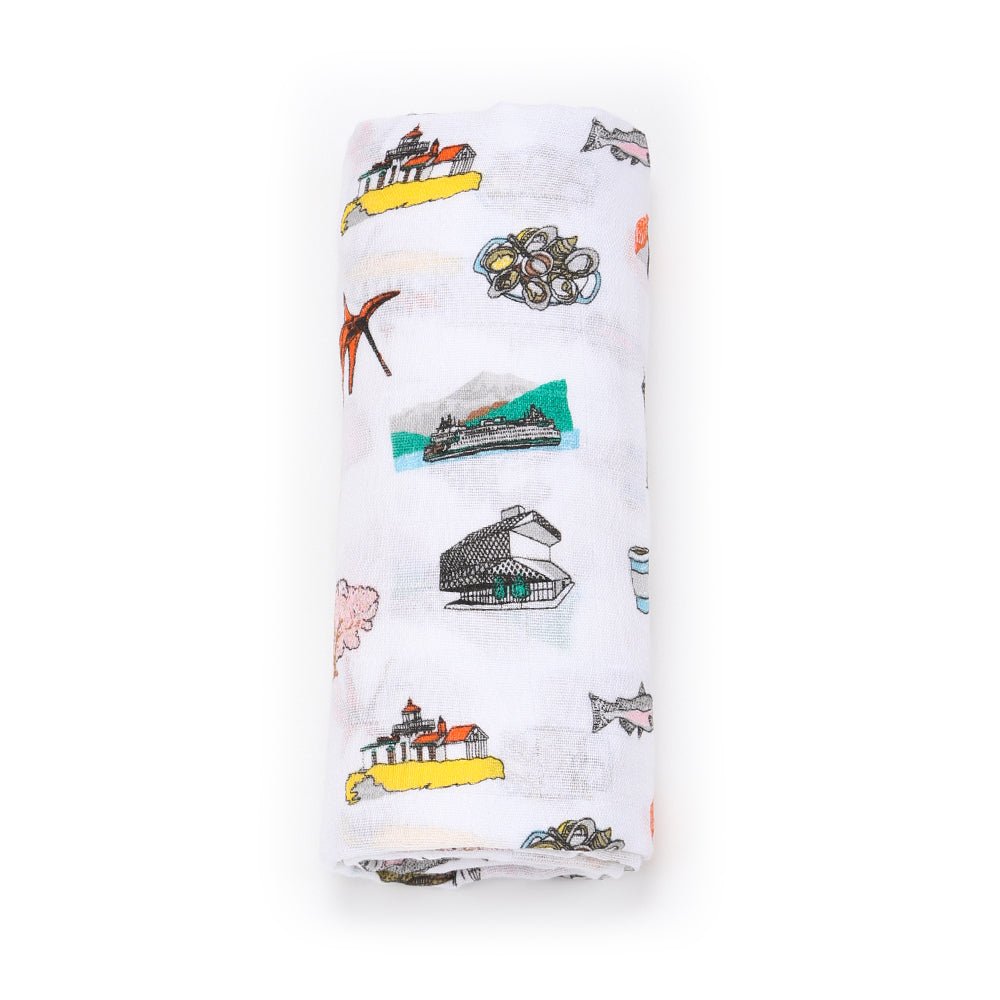 Gift Set: Seattle Baby Muslin Swaddle Blanket and Burp Cloth/Bib Combo by Little Hometown