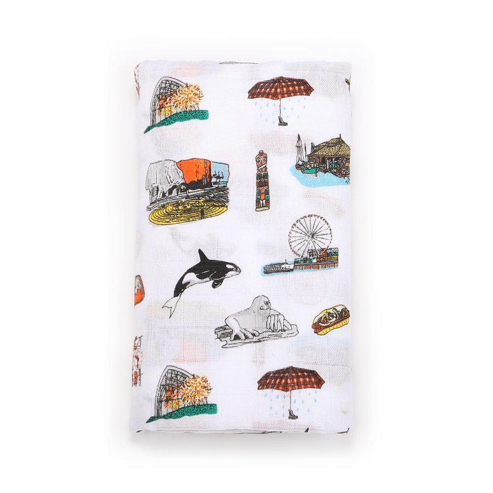 Gift Set: Seattle Baby Muslin Swaddle Blanket and Burp Cloth/Bib Combo by Little Hometown