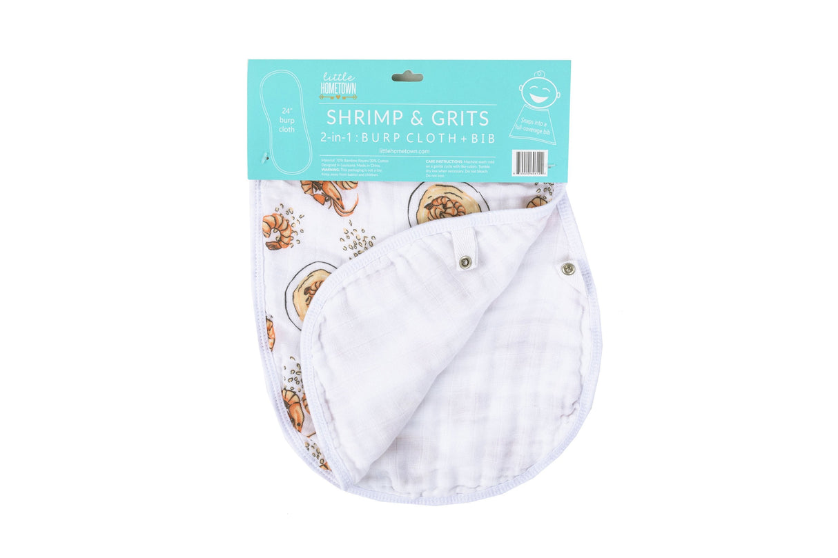 Gift Set: Shrimp'n Grits Baby Muslin Swaddle Blanket and Burp Cloth/Bib Combo by Little Hometown