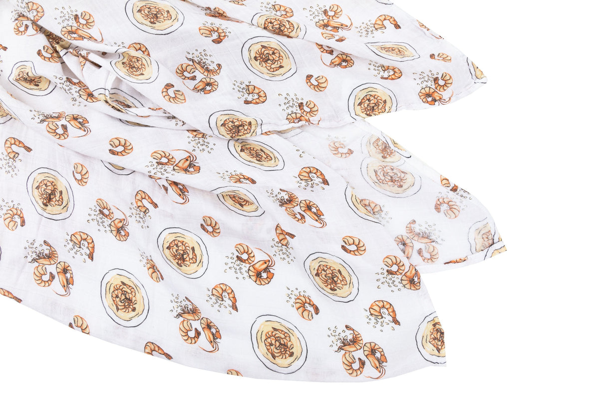 Gift Set: Shrimp'n Grits Baby Muslin Swaddle Blanket and Burp Cloth/Bib Combo by Little Hometown