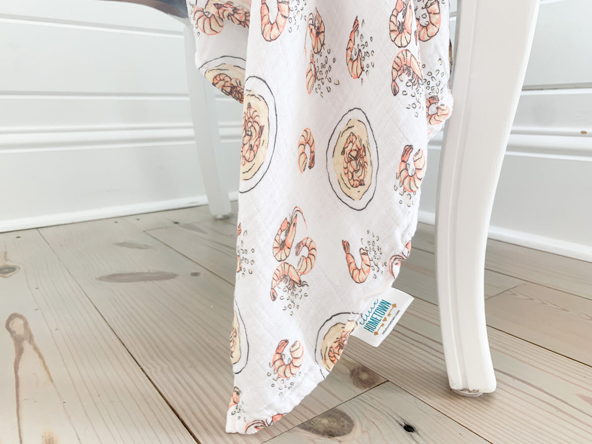 Gift Set: Shrimp'n Grits Baby Muslin Swaddle Blanket and Burp Cloth/Bib Combo by Little Hometown