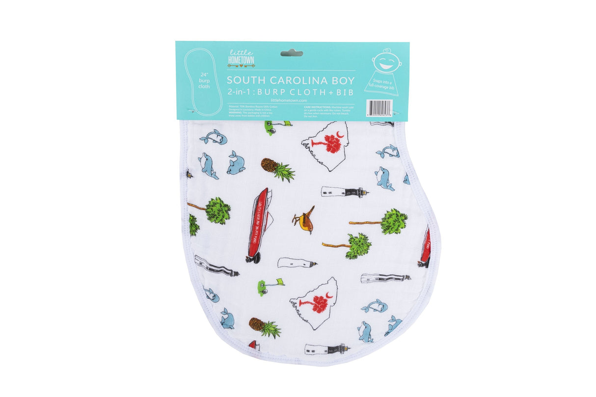 Gift Set: South Carolina Baby Boy Muslin Swaddle Blanket and Burp Cloth/Bib Combo by Little Hometown