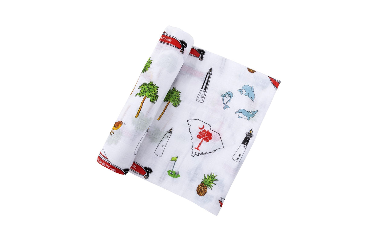 Gift Set: South Carolina Baby Boy Muslin Swaddle Blanket and Burp Cloth/Bib Combo by Little Hometown