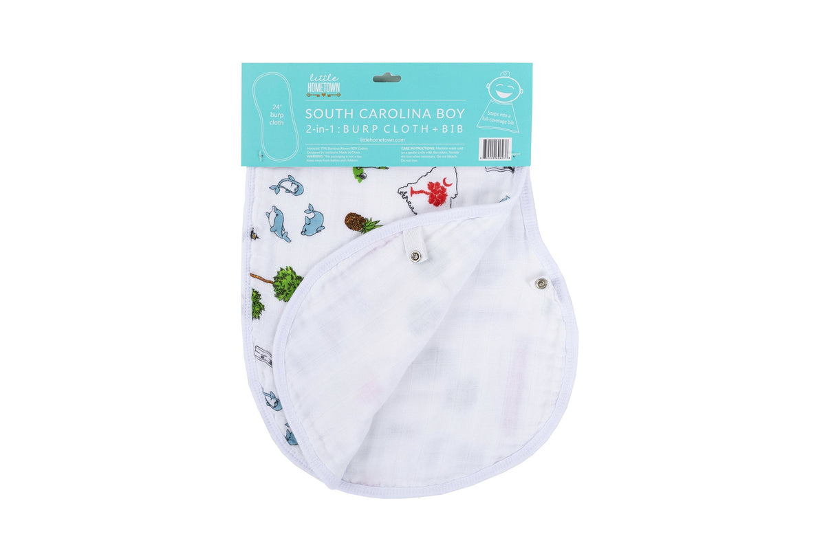 Gift Set: South Carolina Baby Boy Muslin Swaddle Blanket and Burp Cloth/Bib Combo by Little Hometown