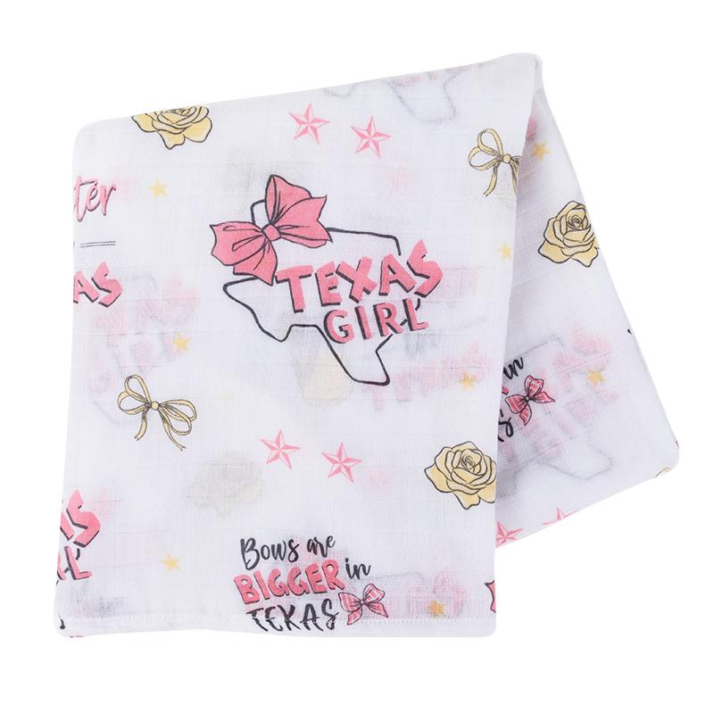 Gift Set: Texas Baby Girl Muslin Swaddle Blanket and Burp Cloth/Bib Combo by Little Hometown
