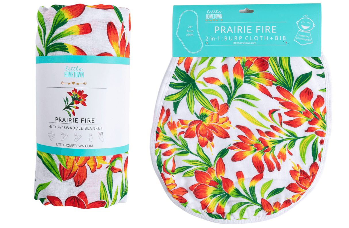 GiftSet: Prairie Fire Baby Muslin Swaddle Blanket and Burp Cloth/Bib Combo by Little Hometown