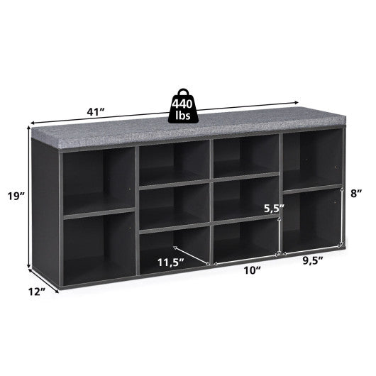 10-Cube Organizer Shoe Storage Bench with Cushion for Entryway-Gray