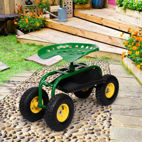 Red/Green Garden Cart Rolling Work Seat With Heavy Duty Tool Tray Gardening Planting-Green