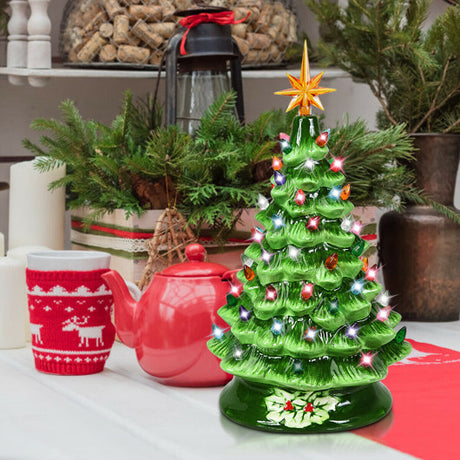 15 Inch Pre-Lit Hand-Painted Ceramic Christmas Tree-Green