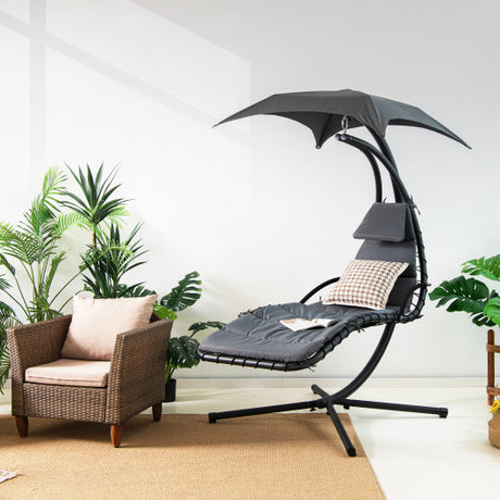 Hanging Curved Steel Swing Chaise Lounger with Removable Canopy-Gray
