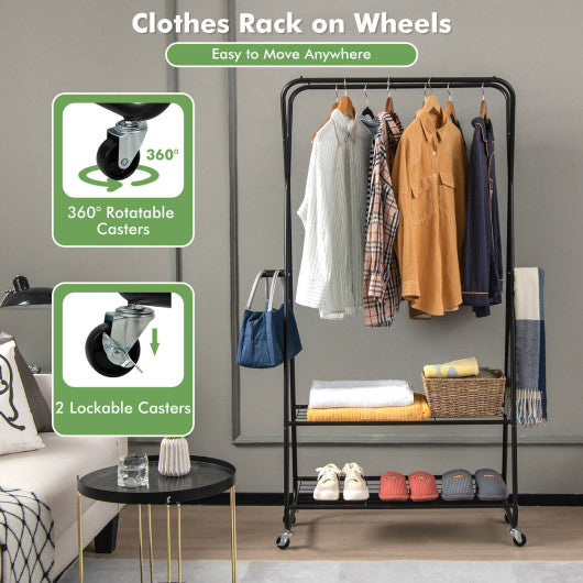 Heavy Duty Clothes Rack on Wheels with Shelves-Black