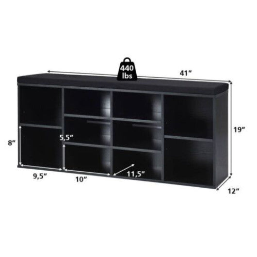 10-Cube Organizer Shoe Storage Bench with Cushion for Entryway-Black