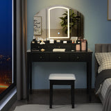 Vanity Table Stool Set with Large Tri-folding Lighted Mirror-Black