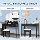 Vanity Table Stool Set with Large Tri-folding Lighted Mirror-Black