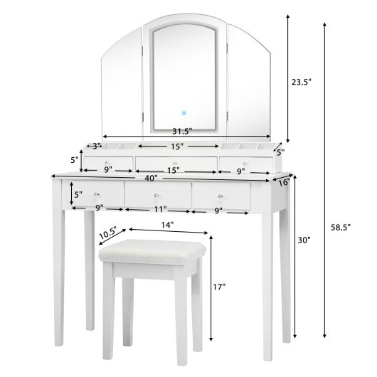 Vanity Table Stool Set with Large Tri-folding Lighted Mirror-White