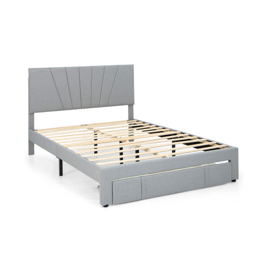 Full/Queen Size Upholstered Bed Frame with Drawer and Adjustable Headboard-Queen Size