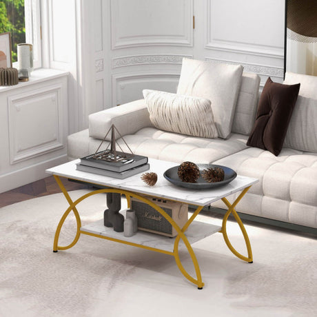 2-Tier Coffee Table Gold Rectangle for Living Room-Golden