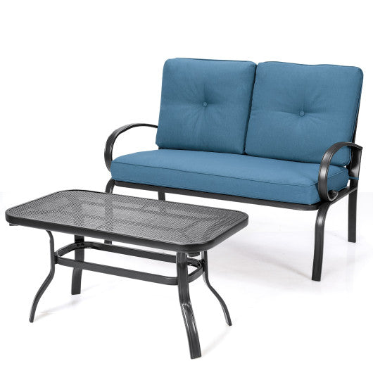 2 Pieces Patio Outdoor Cushioned Coffee Table Seat-Blue