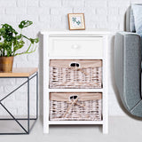 3 Tiers Wooden Storage Nightstand with 2 Baskets and 1 Drawer-white