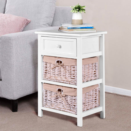 3 Tiers Wooden Storage Nightstand with 2 Baskets and 1 Drawer-white