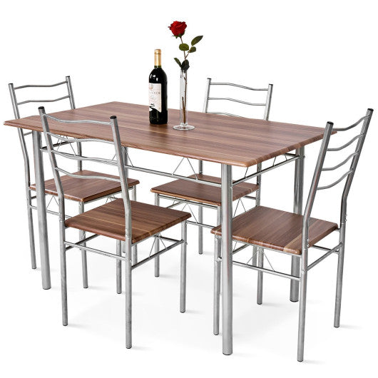 5 Pieces Wood Metal Dining Table Set with 4 Chairs-Walnut