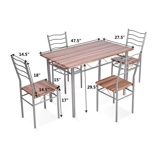 5 Pieces Wood Metal Dining Table Set with 4 Chairs-Walnut