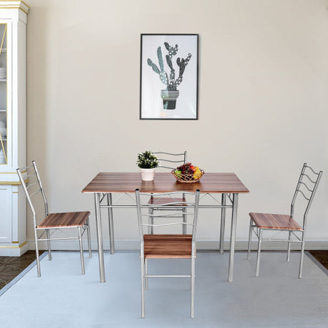 5 Pieces Wood Metal Dining Table Set with 4 Chairs-Walnut