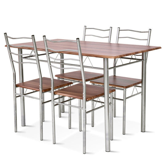 5 Pieces Wood Metal Dining Table Set with 4 Chairs-Walnut