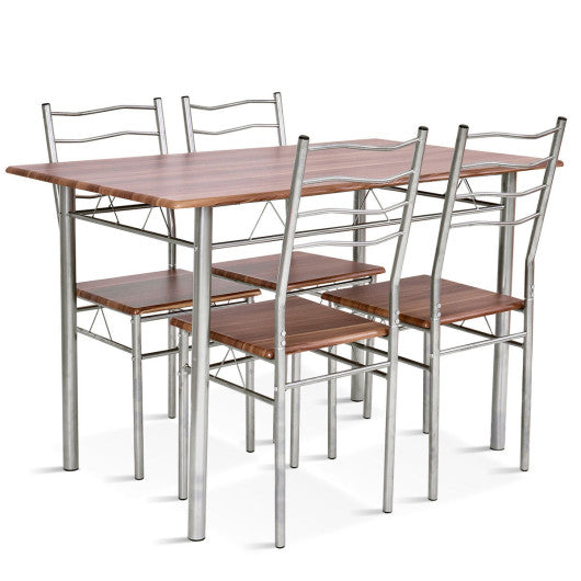 5 Pieces Wood Metal Dining Table Set with 4 Chairs-Walnut