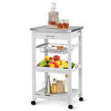 Kitchen Island Cart with Stainless Steel Tabletop and Basket-White