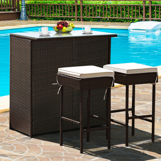 3-piece Rattan Wicker Bar Table Stools Dining Set Cushioned Chairs