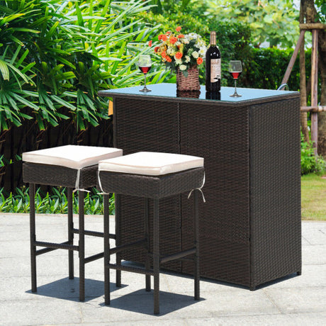 3-piece Rattan Wicker Bar Table Stools Dining Set Cushioned Chairs