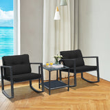 3 Pieces Cushioned Patio Rattan Set with Rocking Chair and Table-Black