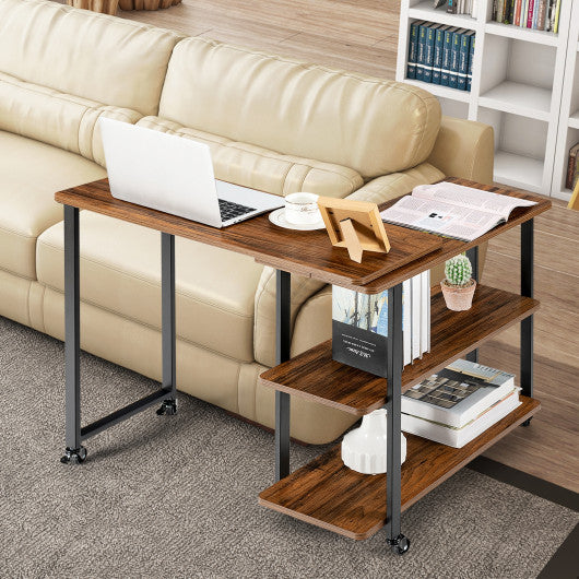 360° Rotating Sofa Side Table with Storage Shelves and Wheels-Brown