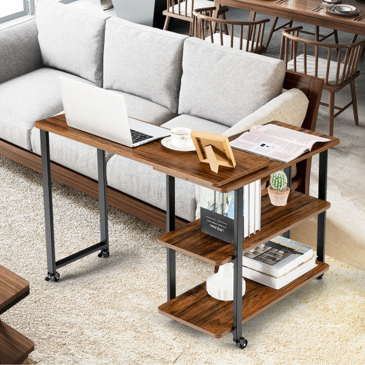 360° Rotating Sofa Side Table with Storage Shelves and Wheels-Brown