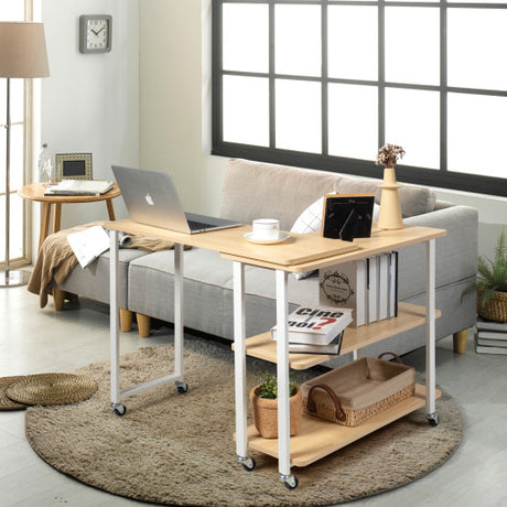 360° Rotating Sofa Side Table with Storage Shelves and Wheels-Natural