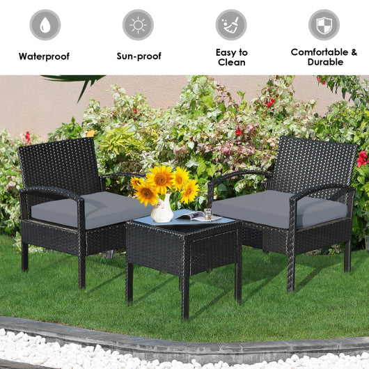 3 Pieces Outdoor Rattan Patio Conversation Set with Seat Cushions-Gray