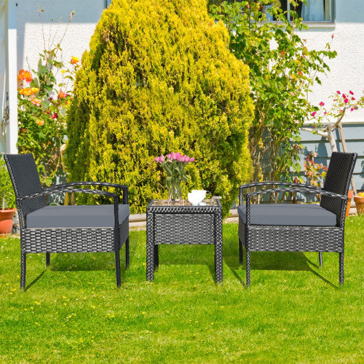 3 Pieces Outdoor Rattan Patio Conversation Set with Seat Cushions-Gray