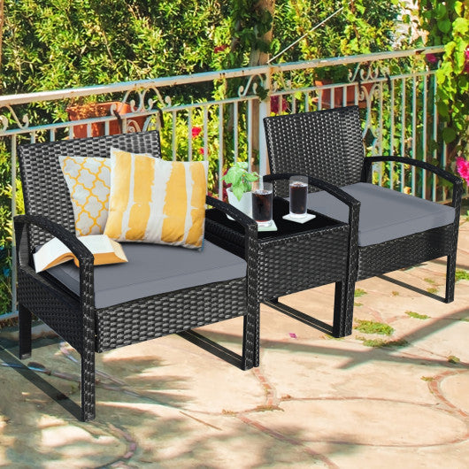 3 Pieces Outdoor Rattan Patio Conversation Set with Seat Cushions-Gray