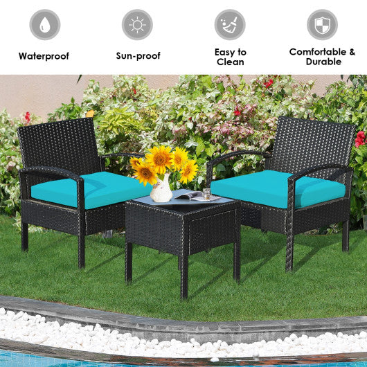 3 Pieces Outdoor Rattan Patio Conversation Set with Seat Cushions-Turquoise