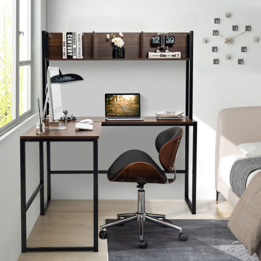 Reversible L-Shaped Corner Desk with Storage Bookshelf-Walnut