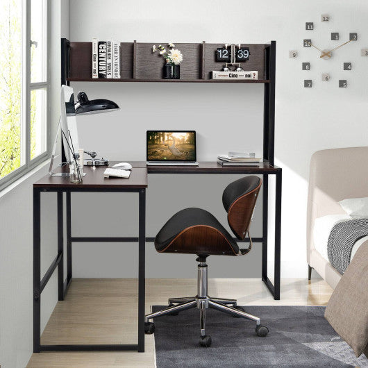 Reversible L-Shaped Corner Desk with Storage Bookshelf-Dark Brown